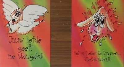 Set van 2x5 w.w.j.d. humoritische kaarten met 2 verschillende teksten: Jouw liefde geeft me vleugels (achterkant: Hooglied 7:6) // Het is beter te trouwen... Gefeliciteerd (Achterop: 1 Corinthiers 7:9)