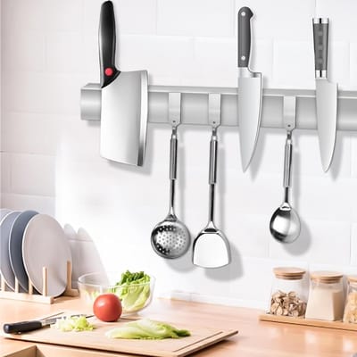 Magneetstrip - Zilver - 40 x 4 x 1,6 cm - Roestvrij Stalen Messenhouder met 3 Haken en Antislipmat - Voor Keuken en Gereedschap