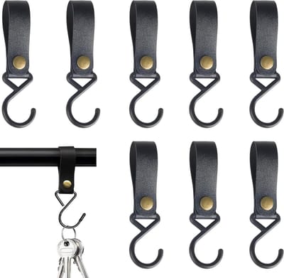 Set van 8 Leren S-Haakjes - Draagbare Camping Haakjes voor Ophangen, Ideaal voor Thuis, Reizen en Kamperen, Zwart en Stevig