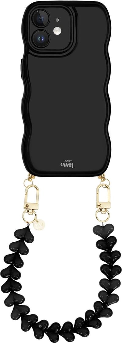 xoxo Wildhearts Glossy Wavy Cord Case Black - Funky Hearts (Zwart) - geschikt voor iPhone 11 - hoesje met koord - telefoonkoord met hartjes - golvend hoesje - silicone case - schokbestendig - zwart