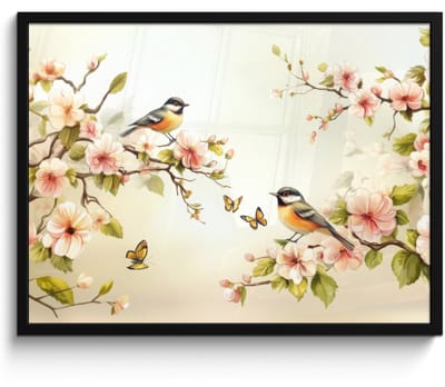 Poster in lijst - Fotolijst 70x50 cm - Posters - Takken - Bloemen - Vogeltjes - Roze - Posterlijst zwart - Decoratie - Wanddecoratie woonkamer - Muurdecoratie slaapkamer
