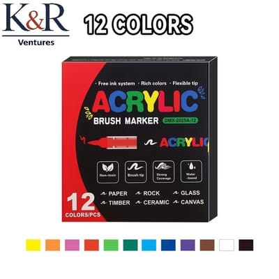 K&R Ventures® Acrylstiften - 12 Kleuren - Acryl Marker Stiften voor Glas, Hout, Steen, Keramiek, Stoffen & Canvas - Verfstiften op Waterbasis - Niet Giftig - Voor Volwassenen & Kinderen - Tekenset met Sterke Dekking - Guangna Brush Markers