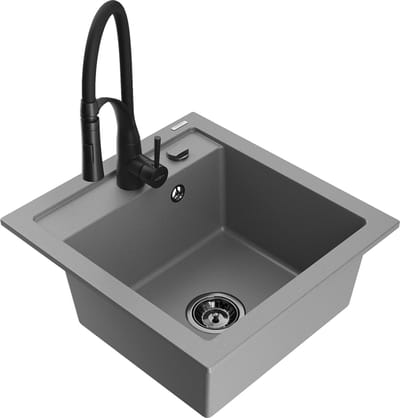 Mexen Vito granieten gootsteen 1-komp met keukenmengkraan Aster, grijs - 6503-71-73450-70-B