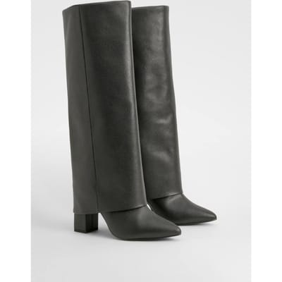 boohoo Dames Textuur gevouwen blok kniehoge laarzen | Zwart | Maat: 37