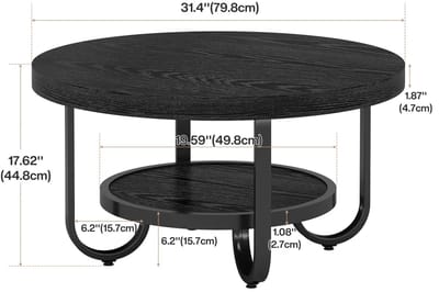 OKWISH Salontafel - Rond 2-Laags Design Met Onderblad - Voor Woonkamer En Kantoor - MDF En Metaal Zwart - 79 cm