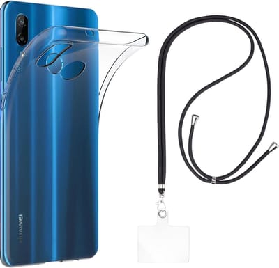 Set met hoesje en nekband voor huawei p20 lite - Flexibele, transparante TPU-bescherming, verstelbare universele nekband voor mobiele telefoons, zwarte nekband, transparante draagriem van Phonillico®