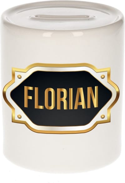 Spaarpot met voornaam Florian - wit - met goud/zwart embleem - 8 x 9 cm - keramiek - met afsluitdop - cadeau verjaardag