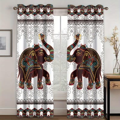 2 stuks Boho Gordijnen, Indiaas Bohemien Hippie Raamgordijnen Mandala Dier Olifant Print Patroon Jongenskamer Decor Gordijnen. 150x166cm white