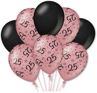 Q2P - 25 Jaar Ballon - Verjaardag Versiering - Rosegoud & Zwart - Helium Ballonnen - Feest Decoratie - 8 Stuks