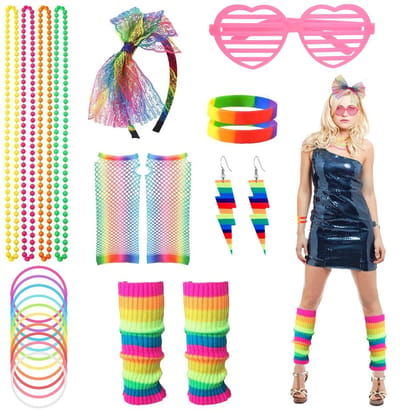 Allecto - kostuum accessoires - jaren 80 - opvallend design - neon kleuren - veelzijdige set - feestelijke outfit - uniseks - 21-delige set