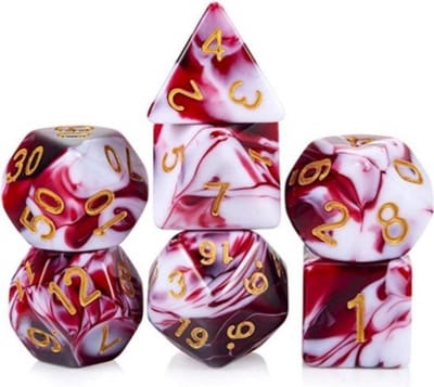 Polyset Dice | Dobbelstenen - Set Van 7 Stuks - Rood Wit Marmer Transparant Doorzichtig Goud| Voor D&D en Andere Rollenspellen | Plastic Dobbelstenen Set voor Dungeons and Dragons | Polyhedral Dice Set | Mooie Zwarte Velvet Dice Bag voor 3 Sets