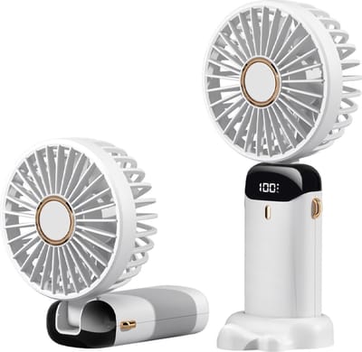 Handventilator - Witte Draagbare Ventilator Oplaadbaar - Tafelventilator Draadloos - Fan+Telefoonhouder - 5 Standen -Bekend van Tiktok