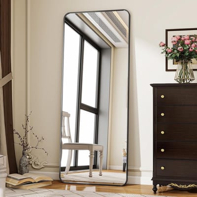 Staande Spiegel met Ronde Hoeken, 53 x 163 cm, Volledige Lichaamspiegel met Stand, Grote Vloerspiegel voor Slaapkamer en Woonkamer, Zwart, Decoratief en Functioneel