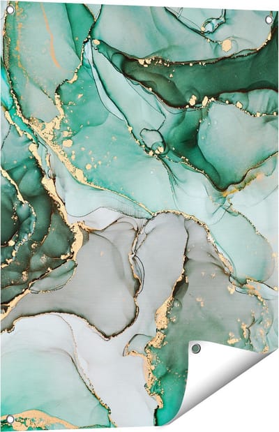 Gards Tuinposter Abstracte Kunst - Blauwe Marmer met Goud - 60x80 cm - Tuindoek - Tuindecoratie - Wanddecoratie buiten - Tuinschilderij