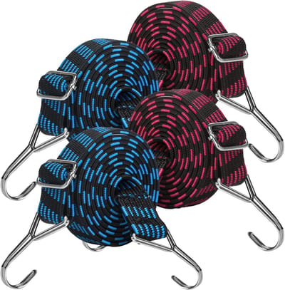 Elastisch touw - Verstelbaar elastisch touw - 4-pack - 100 cm - Elastisch touw met haak - Bindtouw - Snelsluitriem - Bagageriem - Herbruikbaar - Geschikt voor het dragen van zware lasten, fietsen, motoren, auto's, kamperen - Rood en blauw