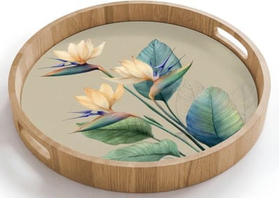Dienblad rond 40x40 cm - Schootdienblad hout - Paradijsvogelbloemen - Blauwgroene bladeren - Beige - Borrelplank rechthoek - Plateau houten dienbladen