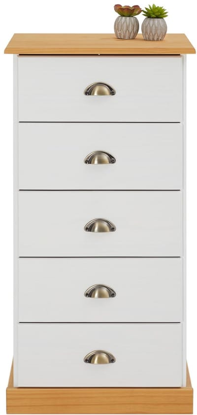 Commode PARIS met 5 lades en schelpvormige handgrepen in wit/bruin