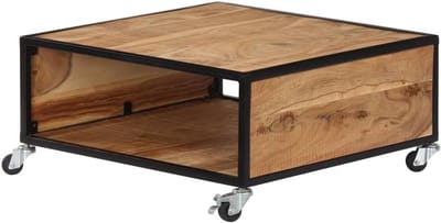 Massief Houten Tafel - Woonkamer Meubel - Centraal Stuk - Met Wielen - 70 x 70 cm - Bruin