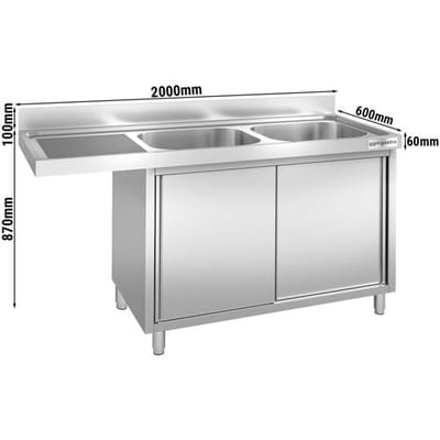 GGM Gastro Spülmaschinen-Spülschrank - 2000x600mm - mit 2 Becken rechts Zilver