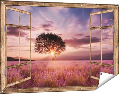 Gards Tuinposter Doorkijk Bloemenveld met Lavendel bij Zonsondergang - 120x80 cm - Tuindoek - Tuindecoratie - Wanddecoratie buiten - Tuinschilderij