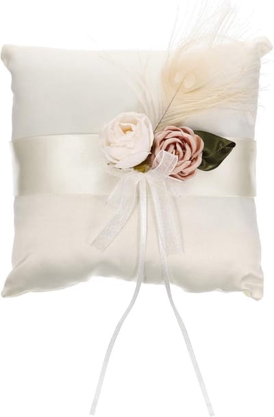 Bruiloft Ringkussen - Ringkussen met bloemen - Trouwceremonie Presentatie - Bloemen en veerdecoratie - 18 x 18 x 5 cm
