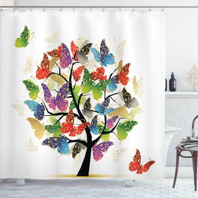 ABAKUHAUS Douchegordijn – Bloemen Vlinder – 175x240 cm – Paars/Groen