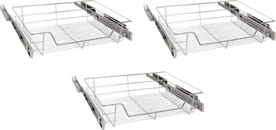 Eleganca draadmand met zijgeleider en Soft Closing - Keukenkast schuiflade – B51.5 x H14x D44.5 cm – Uitschuifbaar keukenrek – Inbouwlade – Maximale belastbaarheid 20kg – RVS – Zilver - 3 Stuks