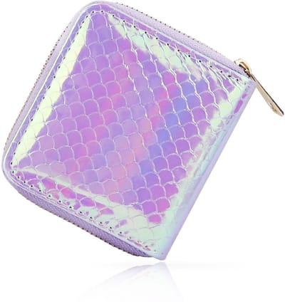 Dailygoods - Kleine portemonnee voor dames, glanzend zeemeermin-patroon, ritssluiting, kleine portemonnee met 2 wisselsleuven en 4 kaartsleuven, kleine portemonnee voor korte reizen, lila, Small