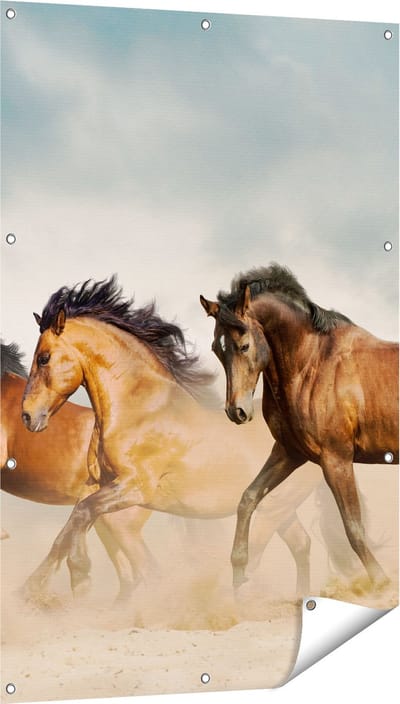 Gards Tuinposter Drie Bruine Paarden - 80x120 cm - Tuindoek - Tuindecoratie - Wanddecoratie buiten - Tuinschilderij