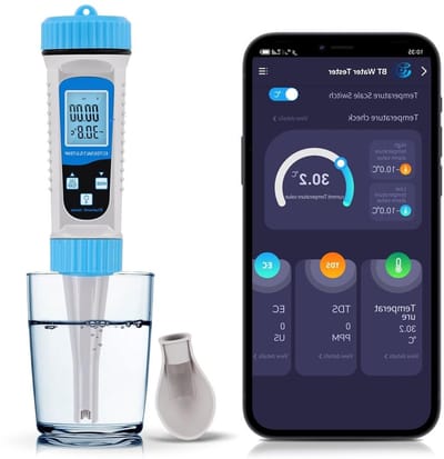 TDS/EC/SALT/S.G/TEMP Meter, 5-in-1 Waterkwaliteit Tester voor Aquarium en Zwembad, Inclusief Bluetooth en App Controle voor Drinkwater en Aquacultuur