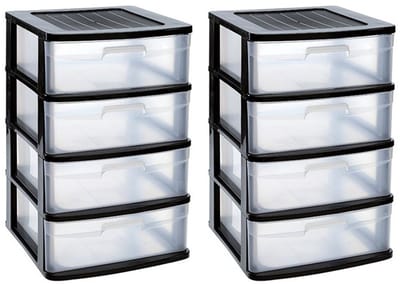 Plasticforte Ladeblok met 4x lades - 2x - zwart/transparant - L40 x B39 x H65 cm - grote lades van 24 liter