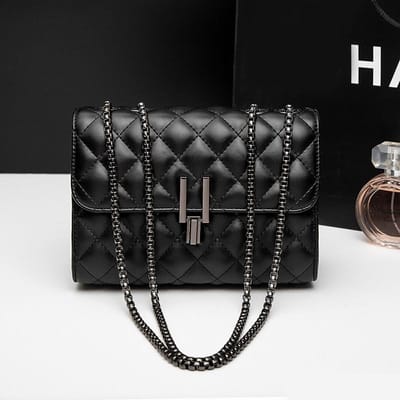 Mode Lingge Vierkante Dames Schoudertas, Doorgestikt Detail Kettingtas, Volledige Tas Crossbody Tas, Flap Portemonnee black