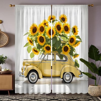 2 pièces rideau décoratif bus tournesol HD Jaune attache rideau imprimé numériquement Décoration maison style décoration salon litr W52H63inchW132H160cm yellow