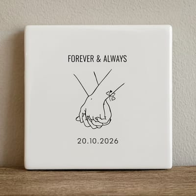 Decoratieve Keramische Tegel “Forever & Always” met Handen Vasthouden Illustratie & Datum – Romantische Liefde Wanddecoratie – 15 × 15 cm