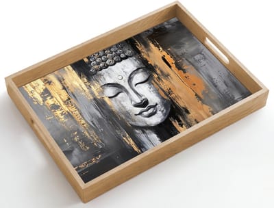 Dienblad hout 50x35 cm - Schootdienblad - Boedhha - Penseelstreken - Goud - Abstract - Borrelplank rechthoek - Plateau dienbladen
