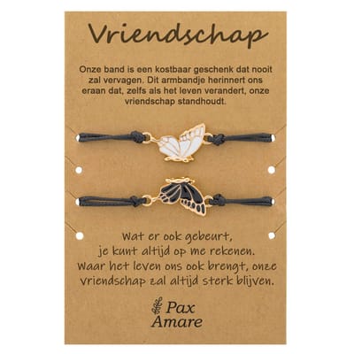 Vriendschapsarmbandjes voor 2 met Vlinder - Zwart / Wit met Goud - Elastisch verstelbaar - Vriendschap Cadeau - Pax Amare