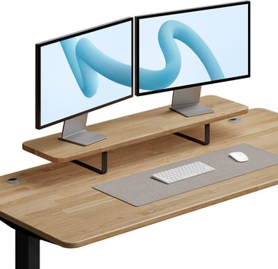 Desktronic Monitorstandaard 2 Schermen Zwart/Massief Eiken - Monitor Verhoger Hout - 114 x 28 cm