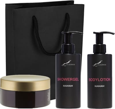 Douchepakket Hamam - Showergel + Shampoo + Scrubzout 300 gram - 300 ml per fles - set van 3 stuks - met luxe gift tas - cadeau - giftset voor hem en haar