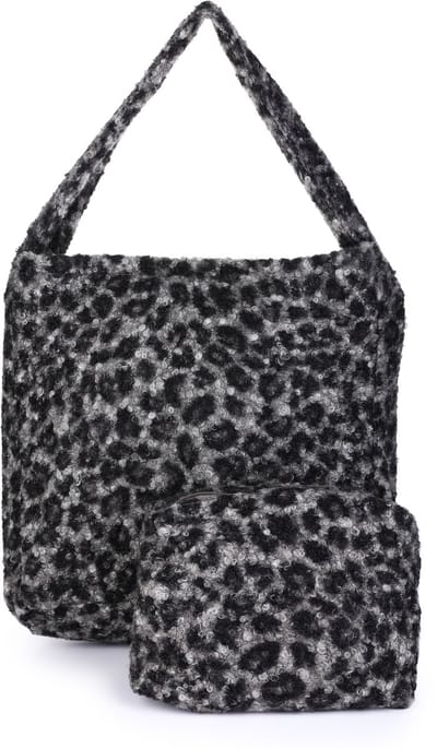 Teddy Tas - Inclusief Bijpassend Tasje/Etui - Shopper - Luipaardprint - Faux Fur Tas - Leopard - Grijs/Zwart