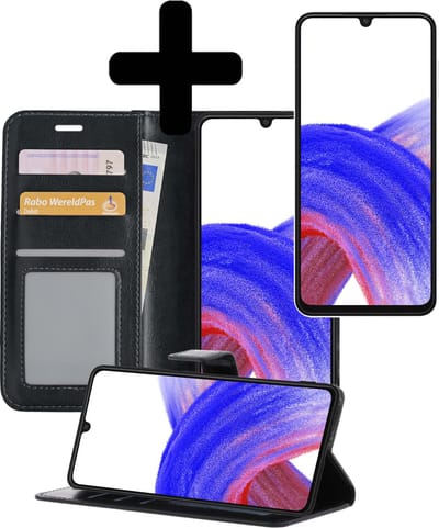 Hoesje - Met Screenprotector - Geschikt voor Samsung Galaxy A33 - Luxe Pasjeshouder - Bookcase Portemonee - Flip Case - Kunstleer Book Case - Flipcase - Book Cover - Walletcase - Portemonneehoes - Telefoonhoesjes - Zwart