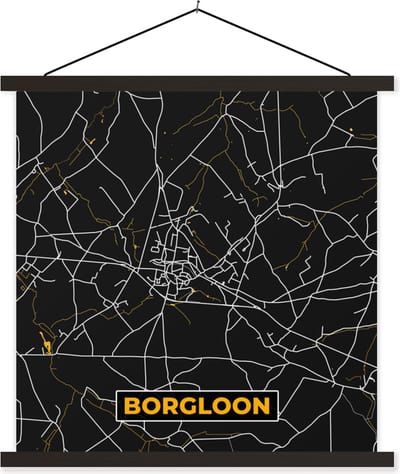 Posterhanger incl. Poster 60x60 cm - Schoolplaat - Kaart - Borgloon - Goud - Stadskaart - Plattegrond - Textielposter - Zwarte latten - Stadskaart