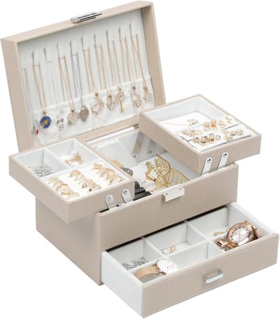 Sieradendoosje voor Dames - Organizer met 3 Niveaus en Lade, PU-Leer, Elegante Sieradenopslag