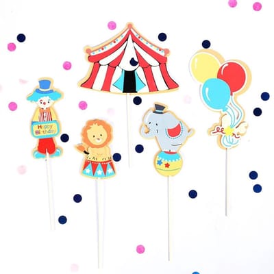 5-delige taartdecoratie set met circus en clown thema voor verjaardags- en feesttaarten