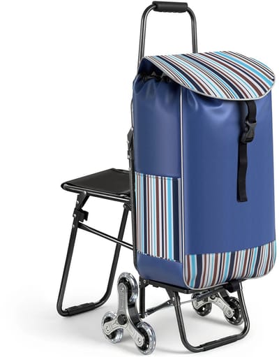 MakkelijkMooi Boodschappenwagen met Zitje - Trolley - 40L Capaciteit - Driehoeks Trapwielen en Comfortabel Zitje - Waterdichte Tas