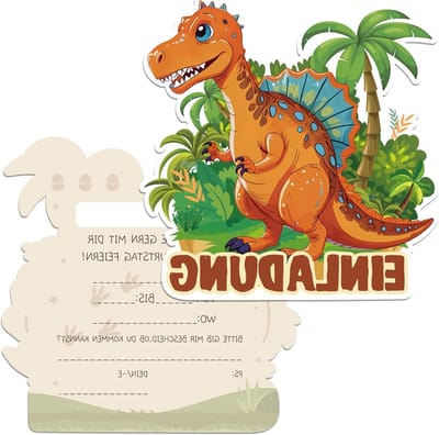 Verjaardagsuitnodigingen voor Kinderen - 12 Kaarten met Oranje Dinosaurus Thema voor Jongens en Meisjes, Perfect voor Feestjes en Verjaardagen