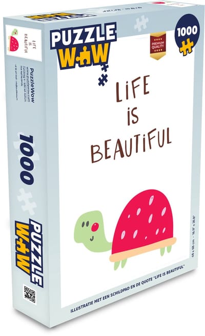 Puzzel Illustratie met een schildpad en de quote "Life is beautiful" - Legpuzzel - Puzzel 1000 stukjes volwassenen