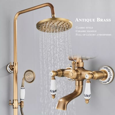 Antiek messing Doucheset met Gouden Regendouche en Kraan en porseleinen handgrepen heel mooi