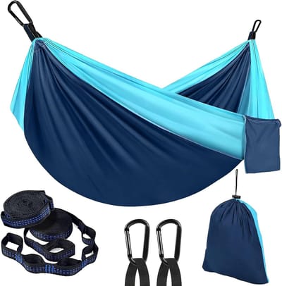 Campinghangmat - Reishangmat Tweepersoons - Ontspannen Buiten - Inclusief Bevestigingsmateriaal - 270 x 140 cm - Blauw Helderblauw