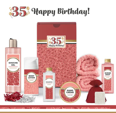 Geschenkset “35 Jaar Happy Birthday!” - 8 producten - 685 gram | Giftset voor haar - Luxe wellness cadeaubox - Cadeau vrouw - Gefeliciteerd - Set Verjaardag - Geschenk jarige - Cadeaupakket moeder - Vriendin - Zus - Verjaardagscadeau - Rood