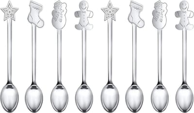 Kerstlepels Set van 8 - Roestvrijstalen IJslepels en Koffielepels voor het Kerstfeest